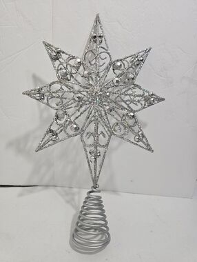 Silver Star Tree Topper  Glitter Crystal Christmas Figure 13in.